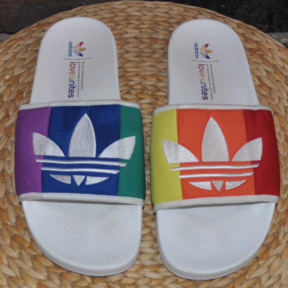 Adidas Trifoil Love Unites Rainbow Multi Color Adilette Pride Slip On Slides 11